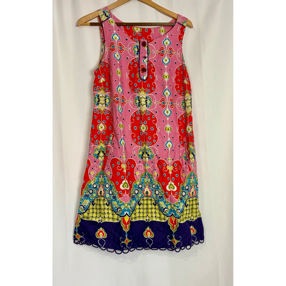 Maeve Anthropologie Pink Red Medallion Paisley Shift Dress Scallop Hem Size 12